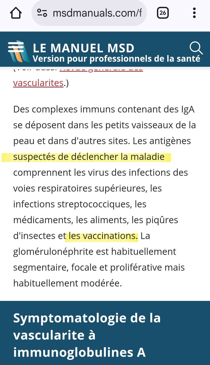 AgretDenis's tweet photo. Voici une liste non exhaustive de maladies dues à des #vascularites.
La cause première de ces vascularites est sans nul doute les #vaccins et non "idiot pathique"...
https://t.co/cnHNxmBn3r
Il est temps d'ouvrir les yeux sur les ravages de la vaccination sur les enfants.
https://t.co/Q61olcE97m
https://t.co/9MipPsfmfJ
Liens avec vaccins (thème @AgretDenis
Certaines vascularites rares ont été rapportées post-vaccination (ex. : Kawasaki-like ou vascularite à IgA après vaccins COVID ou pédiatriques)
Causalité non systématiquement prouvée DONC LA CAUSALITÉ EXISTE !
Fréquence extrêmement faible vs bénéfice vaccinal (selon autorités sanitaires)
DONC LES VASCULARITES VACCINALES EXISTENT et vu le nb de maladies, c'est n'est pas si rare...
Études citées par @AgretDenis
cas cliniques, VAERS, mais pas de lien statistique fort dans les grandes cohortes
DONC IL Y A UN LIEN STATISTIQUE (même " faible) !
Voici une liste non exhaustive des principales vascularites (ou vasculites), classées par taille des vaisseaux affectés, avec leur nom courant :
Vascularites des gros vaisseauxArtérite à cellules géantes (ou artérite temporale, maladie de Horton)
Artérite de Takayasu
Vascularites des vaisseaux de taille moyennePolyartérite noueuse (PAN)
Maladie de Kawasaki
Vascularites des petits vaisseauxANCA-associées (associées aux anticorps anti-cytoplasme des neutrophiles)Granulomatose avec polyangéite (GPA) – anciennement maladie de Wegener
Polyangéite microscopique (MPA)
Granulomatose éosinophilique avec polyangéite (EGPA) – anciennement syndrome de Churg-Strauss
À complexes immunsPurpura rhumatoïde (vascularite à IgA, maladie de Schönlein-Henoch)
Vascularite cryoglobulinémique
Vascularite urticarienne hypocomplémentémique
Vascularite leucocytoclasique cutanée (souvent médicamenteuse)
Vascularites d’organes spécifiques ou secondaires
Maladie de Behçet
Vascularite du système nerveux central (PACNS)
Vascularite associée aux connectivites (lupus, polyarthrite rhumatoïde, etc.)
Vascularite associée aux infections (hépatite B/C, VIH, etc.)
Vascularite paranéoplasique
Les vascularites post-vaccinales représentent moins de 1 % des effets indésirables rapportés pour la plupart des vaccins. Par exemple, une revue systématique de 75 études (incluant des essais contrôlés randomisés et des séries de cas) n'a trouvé aucune association causale forte entre vaccination et vascularites, sauf pour des cas anecdotiques comme la maladie de Kawasaki ou la vascularite IgA (purpura de Henoch-Schönlein) après vaccins contre la rougeole-oreillons-rubéole (ROR) chez les enfants.
Le vaccin antigrippal est le plus souvent impliqué (jusqu'à 25 % des cas rapportés de vascularites post-vaccinales), suivi des vaccins contre l'hépatite B, le tétanos et le HPV. Une revue de 65 cas post-vaccin antigrippal a montré une majorité de vascularites des petits vaisseaux, avec une récupération complète dans la plupart des cas.