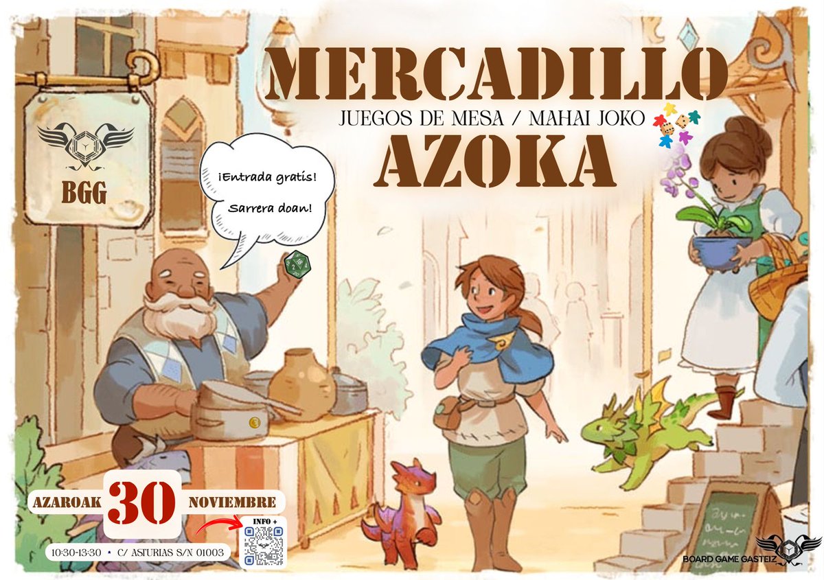 Mercadillo de Juegos de Mesa

📍- Asociación BoardGameGasteiz
📆 - Domingo 30 de Noviembre
🕒 - De 10:30 a 13:30
🆓 - Entrada gratuita

Animaos y venid a conocernos, y seguro que encontrais algún juego que os interesa 😉
#JuegosDeMesa #Mercadillo #VitoriaGasteiz