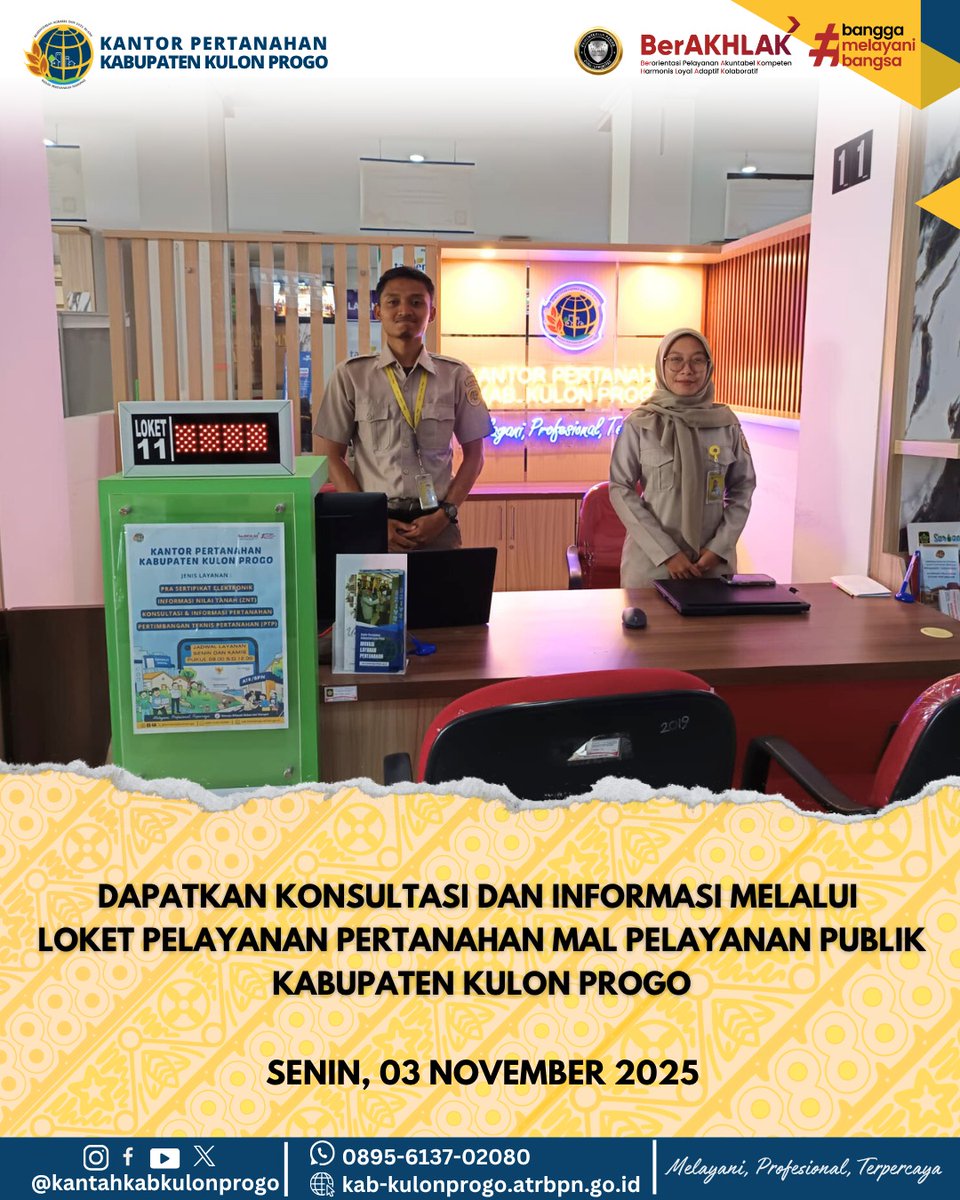 atr_bpnkprogo's tweet image. Hallo, #SobatATRBPNKulonProgo

Kami hadir lebih dekat untuk mempermudah pelayanan pertanahan bagi masyarakat! 🤝✨

Untuk memaksimalkan pelayanan bisa terjangkau oleh masyarakat, Kantor Pertanahan Kabupaten Kulon Progo buka kembali Mal Pelayanan Publik setiap Hari Senin dan Kamis