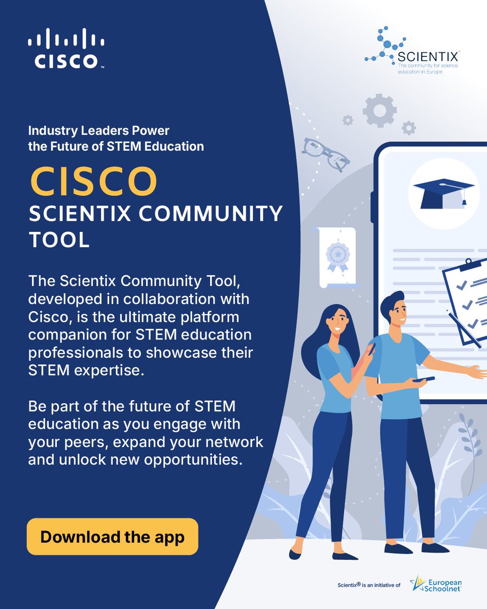 scientix_eu's tweet image. Connect, collaborate, and grow with other teachers worldwide!💪
The #Scientix Community Tool, developed with @Cisco, brings #STEM educators together in one space!🙏
Exchange knowledge, expand your network and show your expertise🤳
Download the app here➡️ bit.ly/SCX-Industry-b…