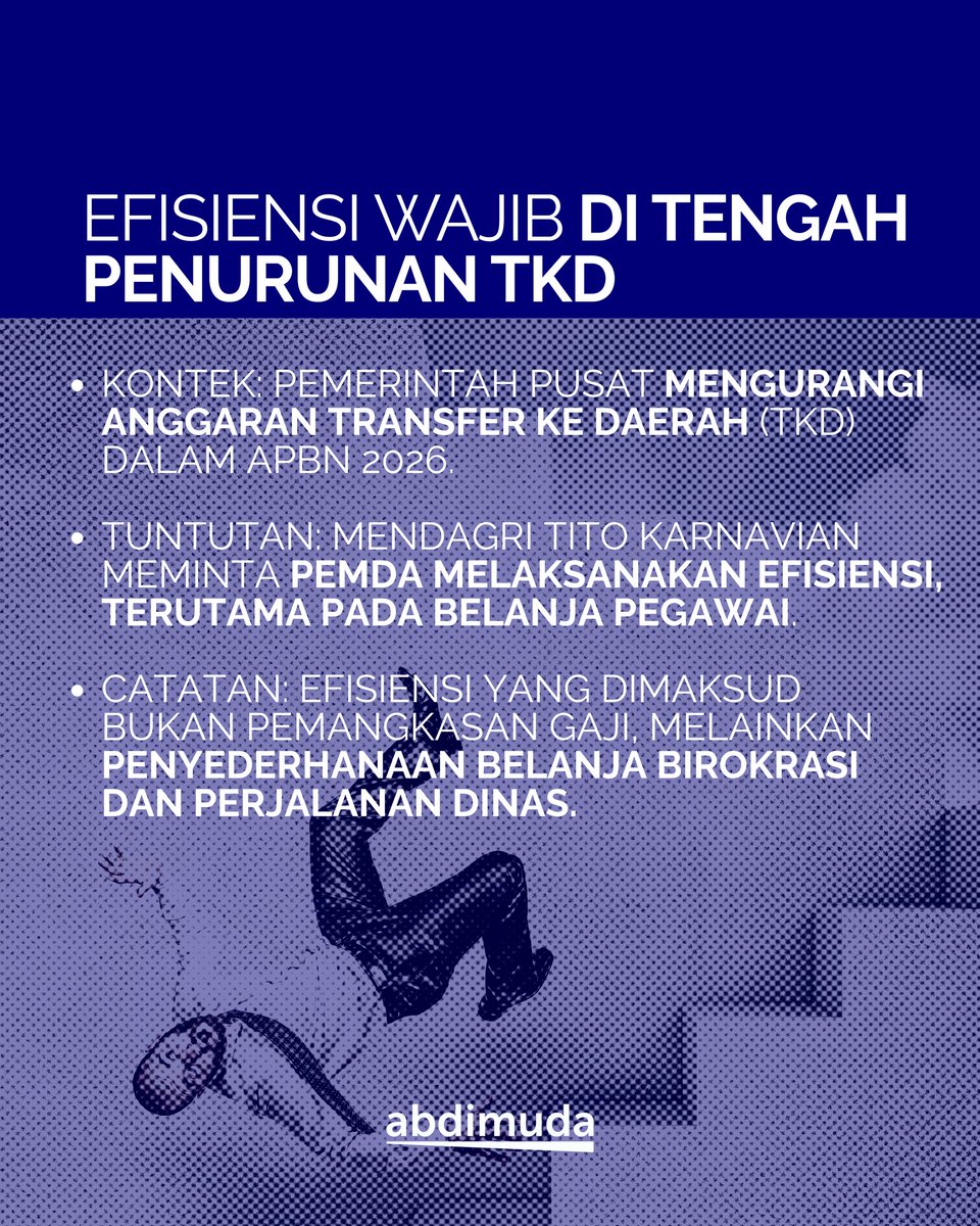 abdimuda_id's tweet photo. Mendagri mendesak Pemda efisien belanja pegawai, menyusul penurunan Transfer Ke Daerah (TKD). Belanja yang disorot: rapat, perjalanan dinas, dan maintenance yang berlebihan.
βGimana cara Pemda bikin kinerja tetap maksimal?
β#Mendagri #ASN #Efisiensi #Pemda #Abdimuda https://t.co/mIDB8pmf5T