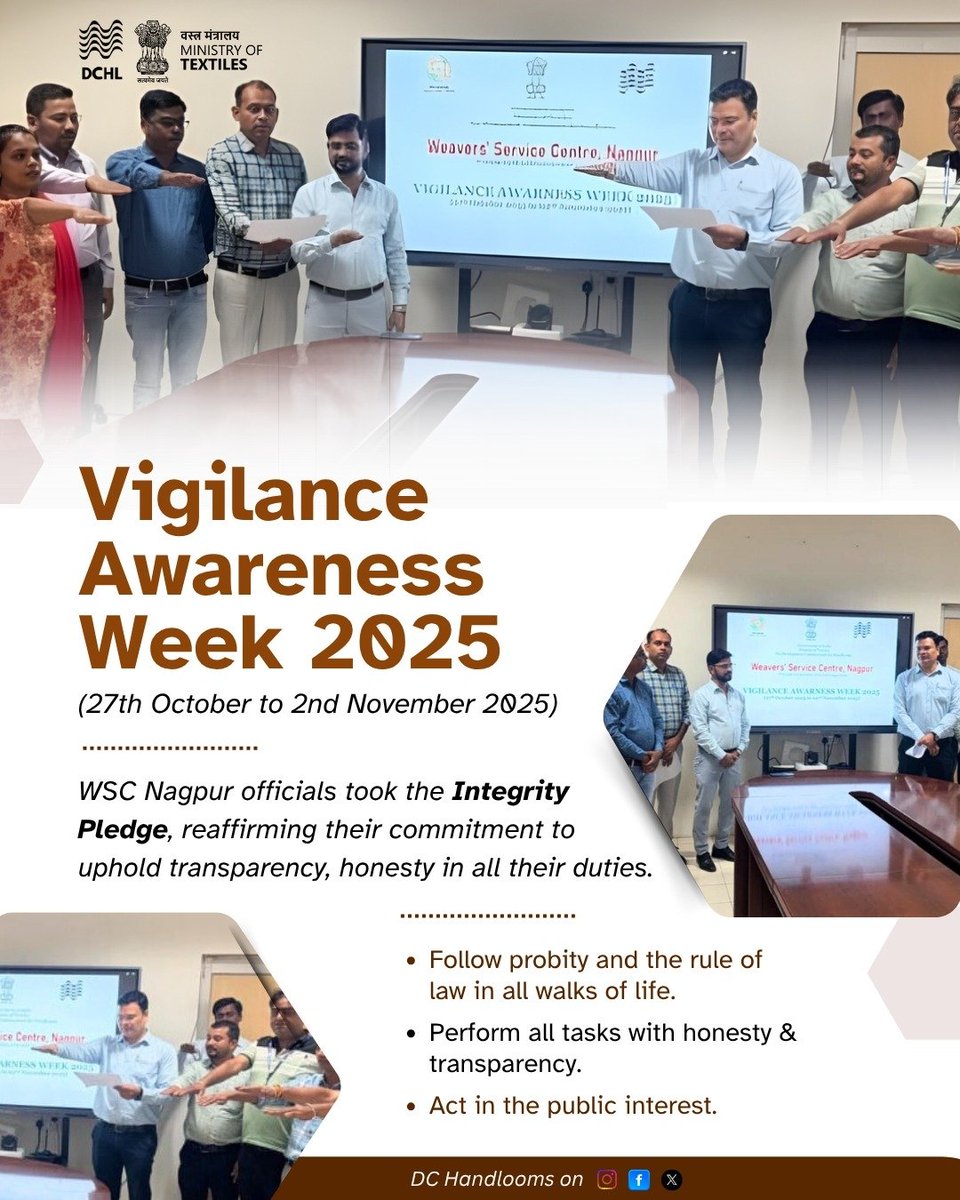 dchandlooms01's tweet image. WSC Nagpur officials take the Integrity Pledge during Vigilance Awareness Week 2025. Reaffirming commitment to transparency, honesty, and acting in public interest! 

#VigilanceAwarenessWeek #IntegrityPledge #TransparencyMatters