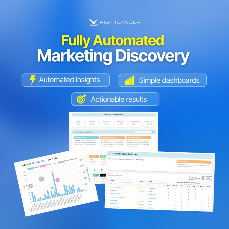 Fully automated marketing discovery—so you act faster, not dig deeper. 🚀
Rightlander turns complex partner data into clear, actionable insights.
✅ No manual work
✅ No tech skills
Stop analysing. Start acting.