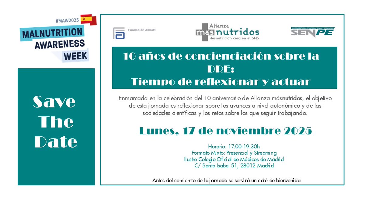 SENPE_'s tweet photo. 📢¡Únete a la Semana de la #Desnutrición 2025!

📆Del 10 al 17 de noviembre con el hashtag #SLD2025

📌Jornada de sensibilización el 17 de noviembre: "10 años de concienciación sobre la DRE: tiempo de reflexionar y actuar"

👉Más información: https://t.co/KYlDvxS6BW https://t.co/Xi34cTTxip