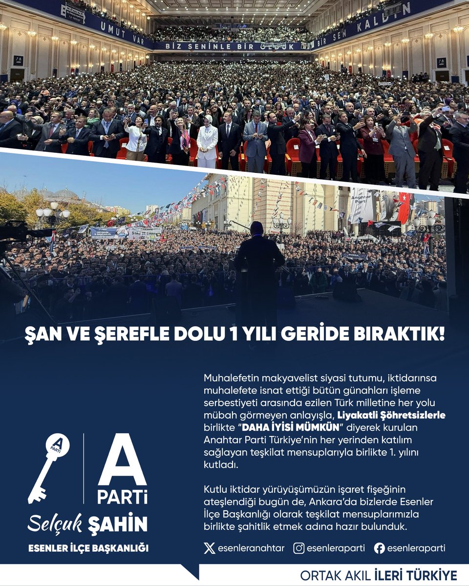 ŞAN VE ŞEREFLE DOLU 1 YILI GERİDE BIRAKTIK!

Ankara’da bizlerde Esenler İlçe Başkanlığı olarak teşkilat mensuplarımızla birlikte  şahitlik etmek adına hazır bulunduk.

<a href="/yavuzagiraliog/">Yavuz Ağıralioğlu</a> <a href="/anahtarparti/">Anahtar Parti</a> <a href="/anahtarpartiist/">Anahtar Parti İstanbul</a> <a href="/Dr_CahitVural/">Op.Dr.Cahit Vural</a> <a href="/slck60shn/">Selçuk Şahin</a>

#AnahtarParti #YavuzAğıralioğlu