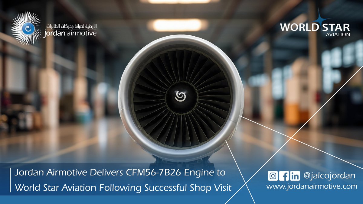 Jordan Airmotive delivers a CFM56-7B26 engine to World Star Aviation, marking the start of a new cooperation between both companies.

Read more shorturl.at/n8tge 

#JordanAirmotive #WorldStarAviation #CFM56 #EngineMRO #YourPowerPartner