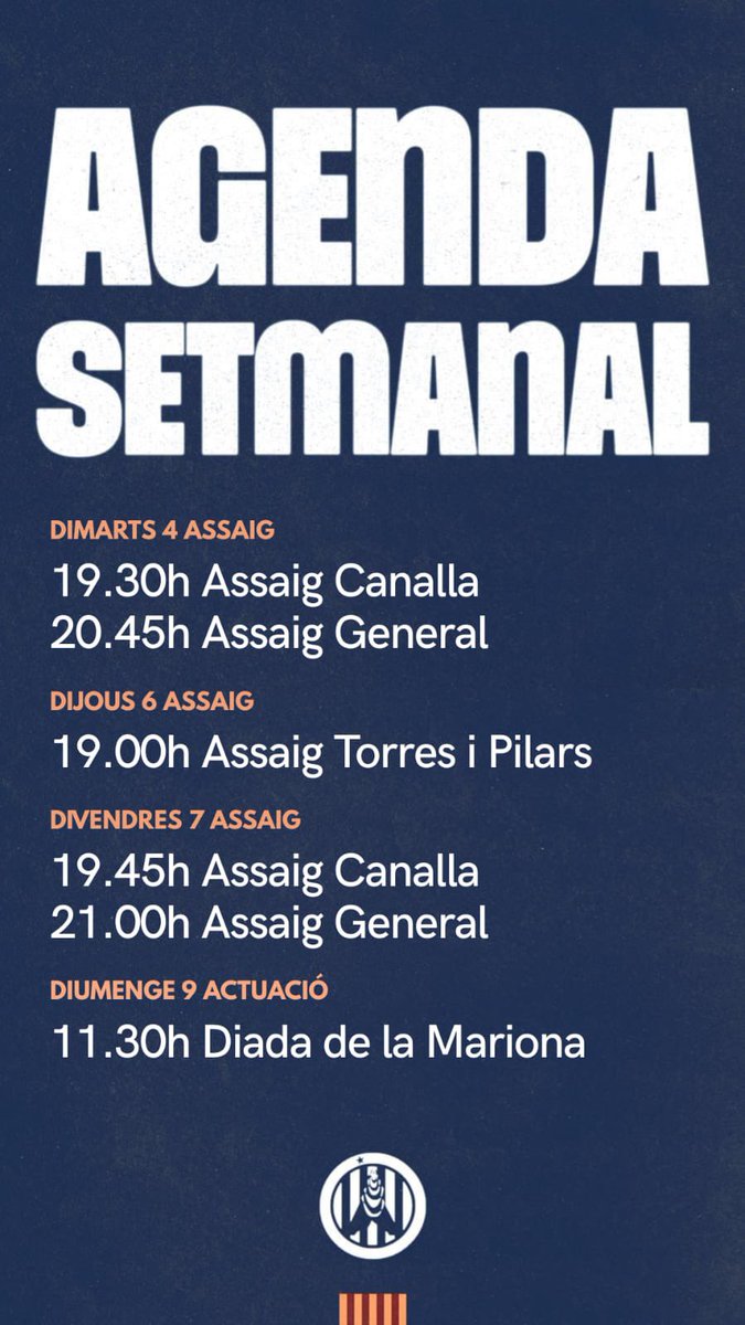 MATARÓ! Tornem a casa per la Diada de Mariona Galindo⭐️

Penúltima setmana de la temporada. La volem fer molt grossa. Ens mereixem allò que tant estem buscant💙

Vine als assajos per a fer-ho possible!🫶🏻

#castells #capgrossos