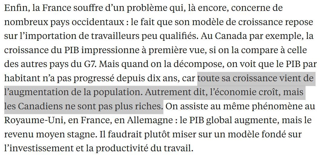 JRochedy's tweet photo. Le croissantisme, maladie congénitale du capitalisme

L’économiste John Phelan reconnaît, dans un entretien à L’Express, que la prétendue croissance de nombreux pays occidentaux ne provient plus que de l’augmentation artificielle de leur population grâce à l’immigration. La richesse réelle de nos pays, celle de leurs habitants, n’augmente pas. 

Donc non seulement la richesse réelle des habitants n'augmente pas, mais leur qualité de vie diminue en raison de cette même immigration... qui permet d'augmenter "la croissance". 

Associez cela au mécanisme de l’inflation, alimenté par la planche à billets qui tourne sans discontinuer depuis des années, et vous constaterez que notre croissance du PIB — véritable veau d’or de la droite — est un mensonge sur lequel repose pourtant tout notre système.

La droite ne peut pas courir deux lièvres à la fois : la croissance artificielle du PIB, d’un côté, et la stabilité, la continuité, la véritable richesse de nos nations, de l’autre. 

Il va falloir choisir, et continuer de le répéter, fût-ce dans le désert.