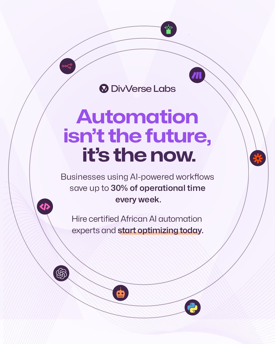 Still running manual operations? It’s time to evolve.

Automate your workflows and reclaim up to 30% of your weekly time.

Hire certified African AI automation experts today at divverse.com to get started

#DivVerseLabs #Automation #AIAutomation #WorkflowAutomation