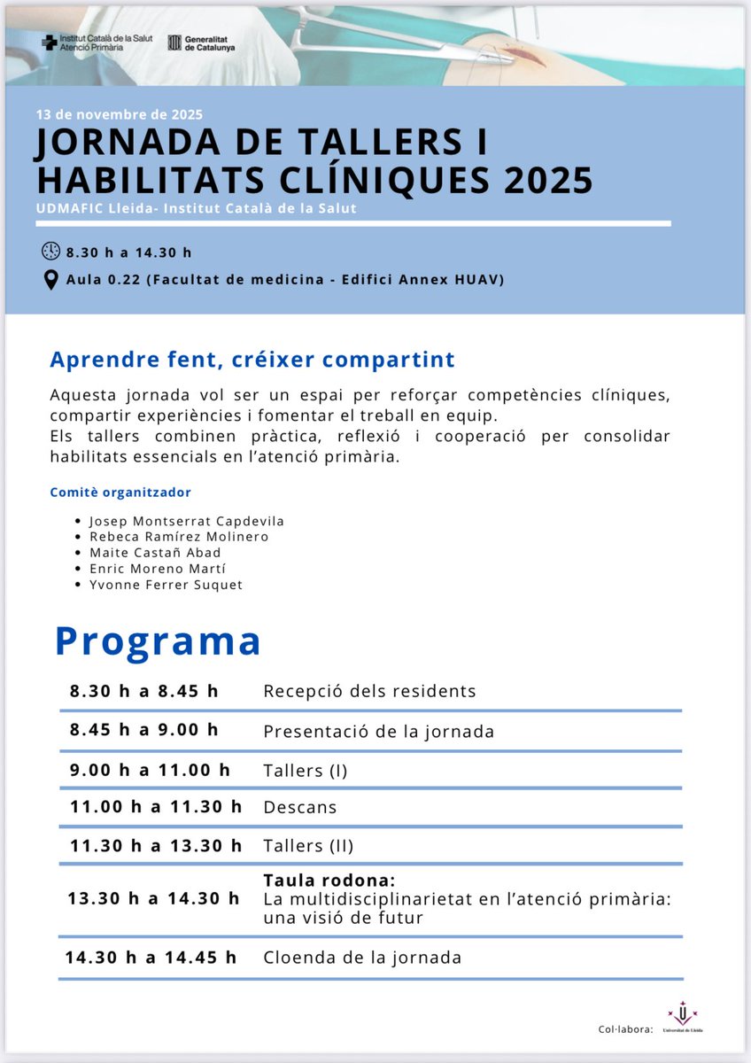 j0sepMontserrat's tweet photo. 💡 Aprendre fent, créixer compartint.
El 🗓️13 de novembre la @udmaficlleida @primariaicscat Lleida celebrarà la Jornada de Tallers i Habilitats Clíniques 2025: un espai per reforçar competències, treballar en equip i créixer com a professionals de l’atenció primària.
👩⚕️👨⚕️ #AFIC https://t.co/NBZxBBT03C