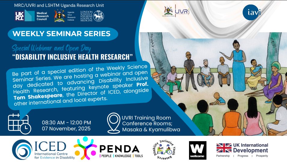 ICED_LSHTM's tweet image. Join us for a special seminar this week hosted by @MRC_Uganda!

We&apos;ll hear from colleagues from the Disability Research Group, ICED and other experts at a disability inclusive health research open day event at the Unit.

📅7 Nov, 8:30am-12pm EAT

Register: lshtm.zoom.us/webinar/regist…