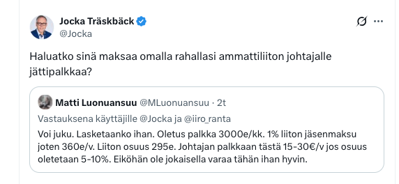 KorhonenMla's tweet photo. Haluan, koska he suojaavat edunvalvontaa ja #Jocka #kokoomus heikentää #irtisanomissuojaa.
Sen sijaan en haluaisi maksaa palkkiota veronmaksajana, jos tämä kyselijä pääsisi kansanedustajaksi! #edunvalvonta #liitto #veronmaksajat #puppupuhujat https://t.co/n0AH8DPnD5