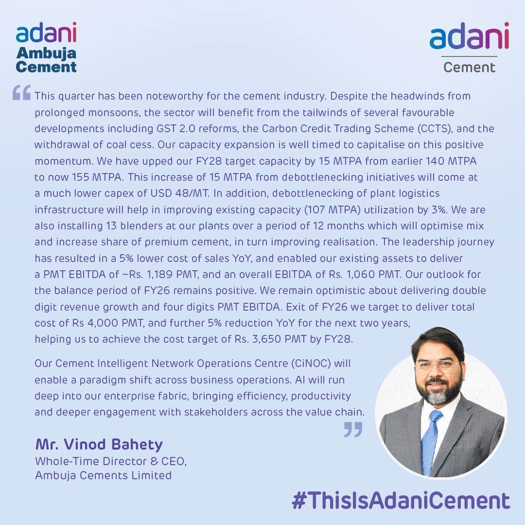 Ambuja Cements achieves robust Q2 FY26 Performance
Q2 PAT @ Rs. 2,302 Cr, up 364% YoY
Highest ever volume in Q2 Series, @ 16.6 MnT, up 20% YoY

#ThisIsAdaniCement #BuildingNationsWithGoodness #BuniyadSeBulandiyonTak #GreenGrowth #ESG