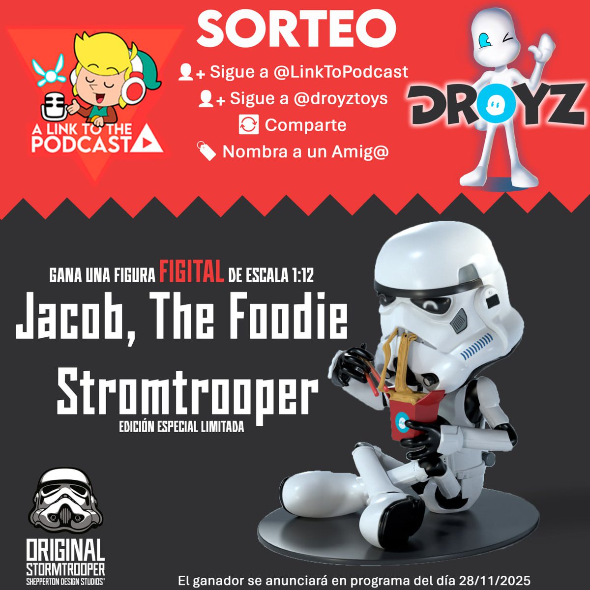 ¡Sorteo con Droyz! 🎁 Regalamos el nuevo Droyz del mes. Para participar:

-Sigue a <a href="/LinkToPodcast/">𝐀 𝐋𝐈𝐍𝐊 𝐓𝐎 𝐓𝐇𝐄 𝐏𝐎𝐃𝐂𝐀𝐒𝐓</a> y <a href="/DroyzToys/">Droyz</a>.
-Comparte este post.
-Nombra a 1 amigo. 

Anunciamos ganador en el programa del 28NOV y repartimos 20 códigos de descuento entre participantes. ¡Suerte!