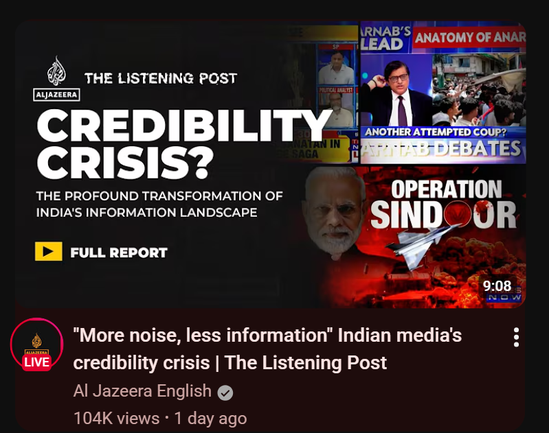 imakbarfarooq's tweet image. Al Jazeera NAILS India's media circus: "More noise, less information!" 📺💥
Godi media = Modi's echo chamber. Fake ops like "Sindoor," Arnab rage, bury Manipur genocide. Credibility? ZERO. 🚽
(104K views already—bhakts melting 🤣)
🇮🇳🔥
#GodiMedia #CredibilityCrisis #AlJazeera