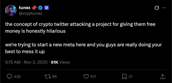 community_fist's tweet photo. Evolution of pathetic damage-control moves from teams that fucked up their airdrops.

@Starknet: yeah, the airdrop disappointed lots of people, but we've still got tokens for future seasons - stay with us. 
*spoiler - no "next seasons" happened for almost 2 years. 🤡

@zksync: maybe you're disappointed, but please hold your airdrop, since future projects might check if you held our drop when deciding their airdrops criteria.
*spoiler - no project ever used that. 🤡

@monad: airdrops are free money, we hand them out however we want - and if you dare to criticize us in CT, other future projects will disqualify you from their drops. 
*spoiler - lol, you don't even need a spoiler here. 🤡