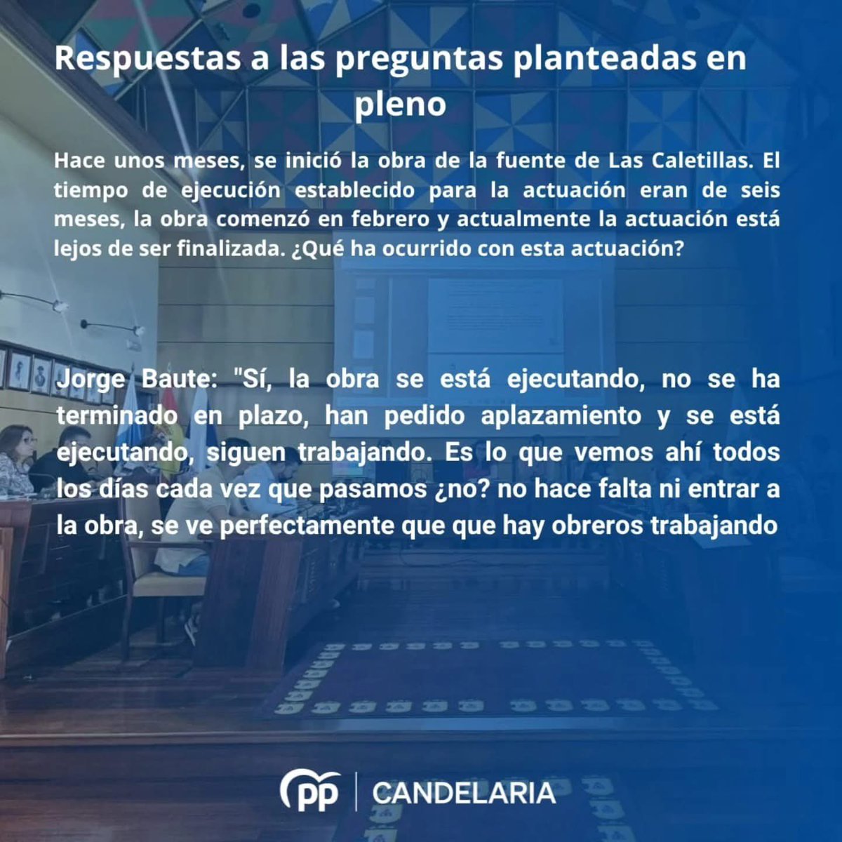 PP_deCandelaria's tweet photo. 📑 Ruegos y Preguntas – Pleno de octubre 2025

Durante el pleno de este mes formulamos varias preguntas y ruegos para seguir mejorando nuestro municipio 👇🏻

🔹 Preguntamos por:

1️⃣El estado y ejecución de la obra de la fuente de Las Caletillas.

(1/4) https://t.co/r8vHsFETxF