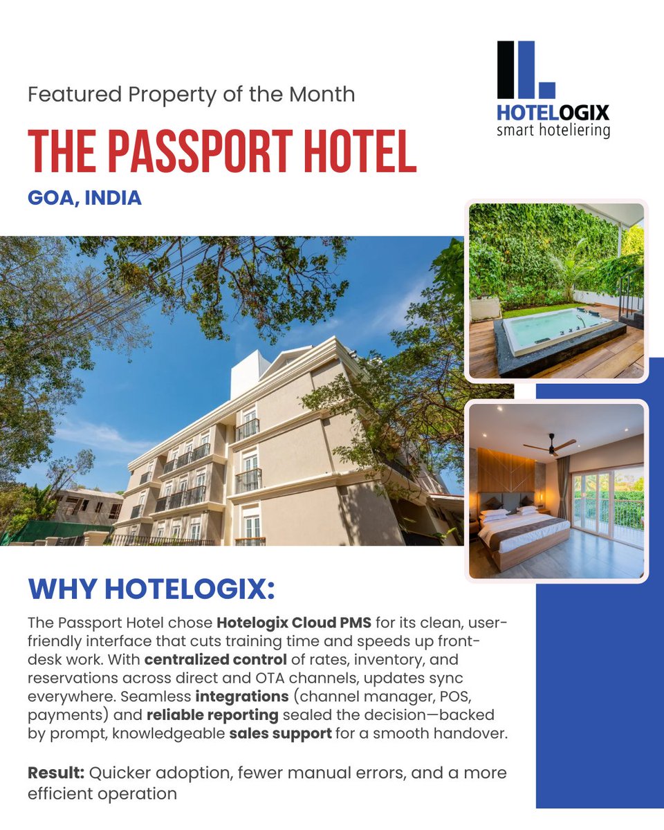 Hotelogix's tweet image. The Passport Hotel in Goa upgraded to Hotelogix Cloud PMS for smoother operations and better control across channels. Enjoy quicker adoption and fewer errors, all with seamless integrations. 🌍✨

#Hotelogix #HotelTech #CloudPMS #HotelManagement #Goa