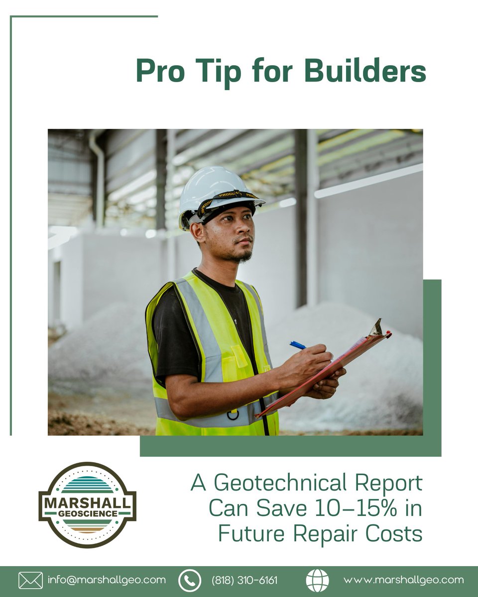 MarshallGeoSc's tweet image. Skipping soil investigation often leads to foundation problems later! 😱 Early testing = fewer surprises, lower costs, safer builds! 💡🏗️

#soilinvestigation #foundationstrength #geotechnicaltesting #buildsmart 

marshallgeo.com

(818) 310-6161

info@marshallgeo.com