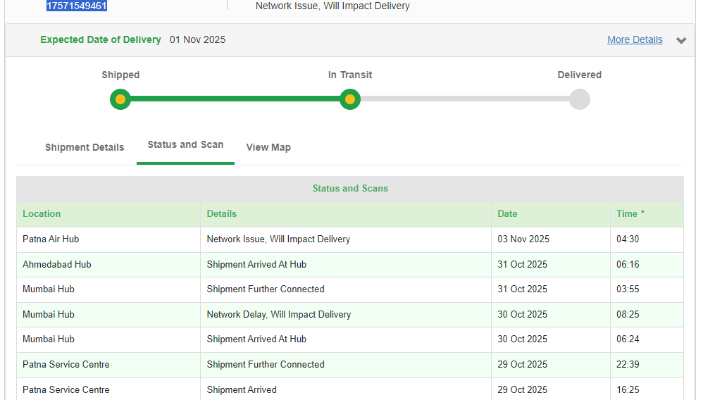 TheAbedin786's tweet image. @BlueDartCares @BlueDart_
AWB 17571549461 — Delivery date was Nov 1, today is Nov 3, and the shipment is still not delivered. It’s showing random updates — sometimes Mumbai, sometimes Ahmedabad. What’s going on?
#BlueDart #CourierDelay #LogisticsFail #CustomerServiceWeek