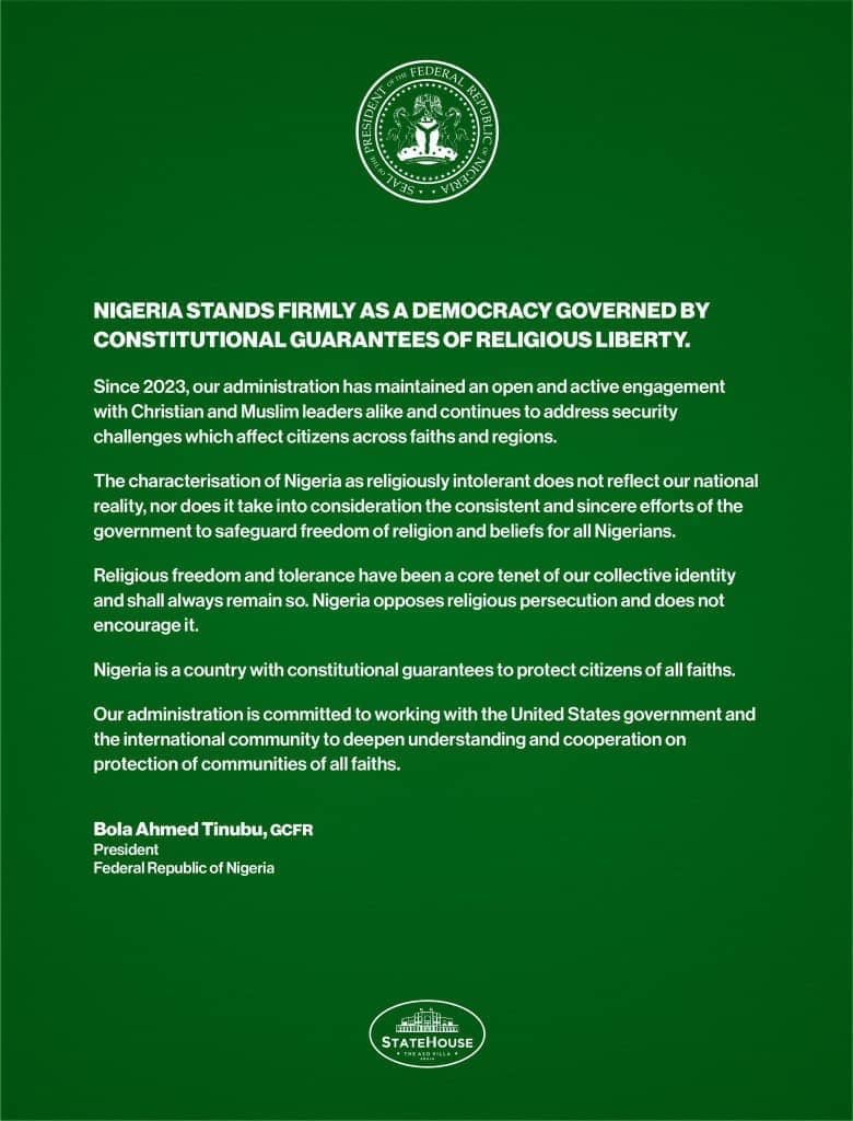 <a href="/officialABAT/">Bola Ahmed Tinubu</a> statement on <a href="/POTUS/">President Donald J. Trump</a> classification of Nigeria as a CPC. <a href="/NigeriaMFA/">Ministry of Foreign Affairs, Nigeria 🇳🇬</a> has also issued a strong statement. <a href="/nidcom_gov/">Nigerians in Diaspora Commission</a> urges Nigerians at home and in the diaspora to be united on this