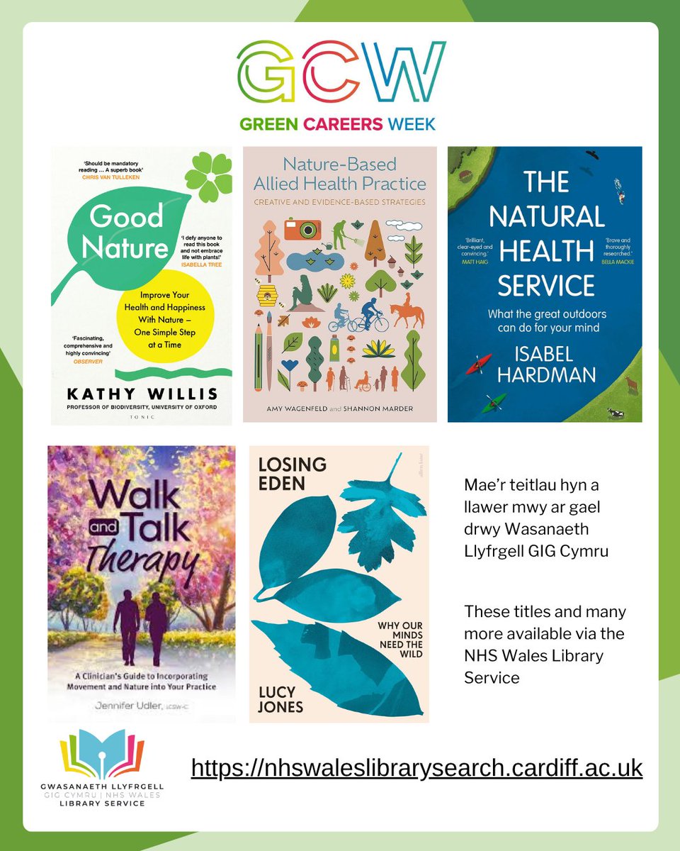 WelshHealthLib's tweet image. Llyfrgelloedd Gwyrdd, Gofal Iechyd Gwyrdd, Llyfrau Gwyrdd - Adferwch gyda chymorth natur - mae&apos;r llyfrau hyn ar gael i&apos;w benthyg!

Green Libraries, Green Healthcare, Green Books - Recovery with the help of nature - these books are available to borrow!

#GCW2025