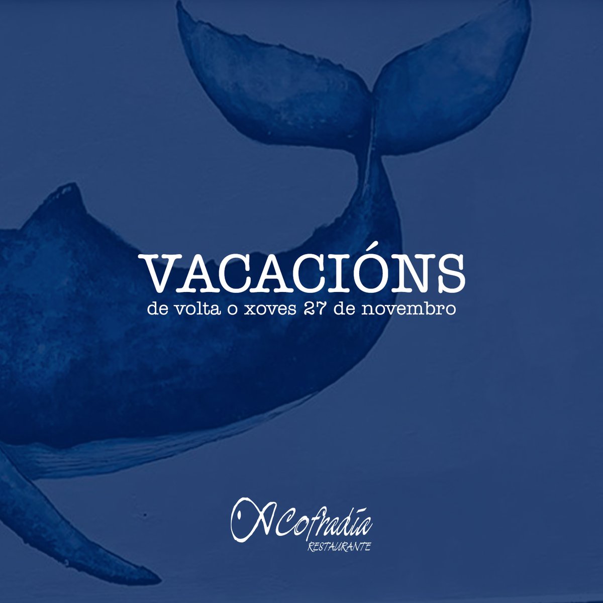 Pechado por #vacacións. Estaremos de volta o xoves 27 de #novembro.
-
Cerrado por #vacaciones. Estaremos de vuelta el jueves 27 de #noviembre.

💙😍💙