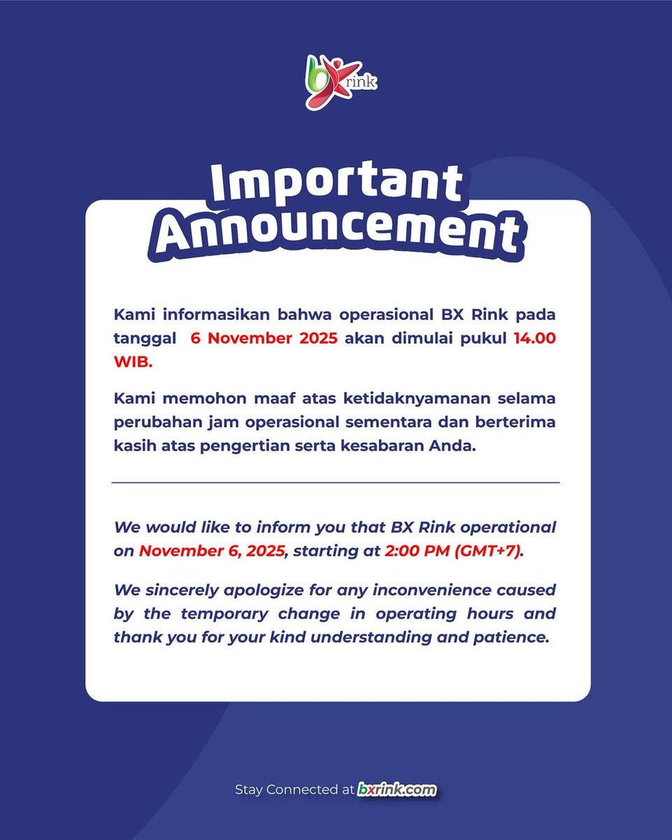 BX Rink will start operations on November 6, 2025, at 2:00 PM.

We apologize for any inconvenience caused by this temporary change in operating hours.
Thank you for your understanding and patience

#bxrink #announcement #skaters #icerink