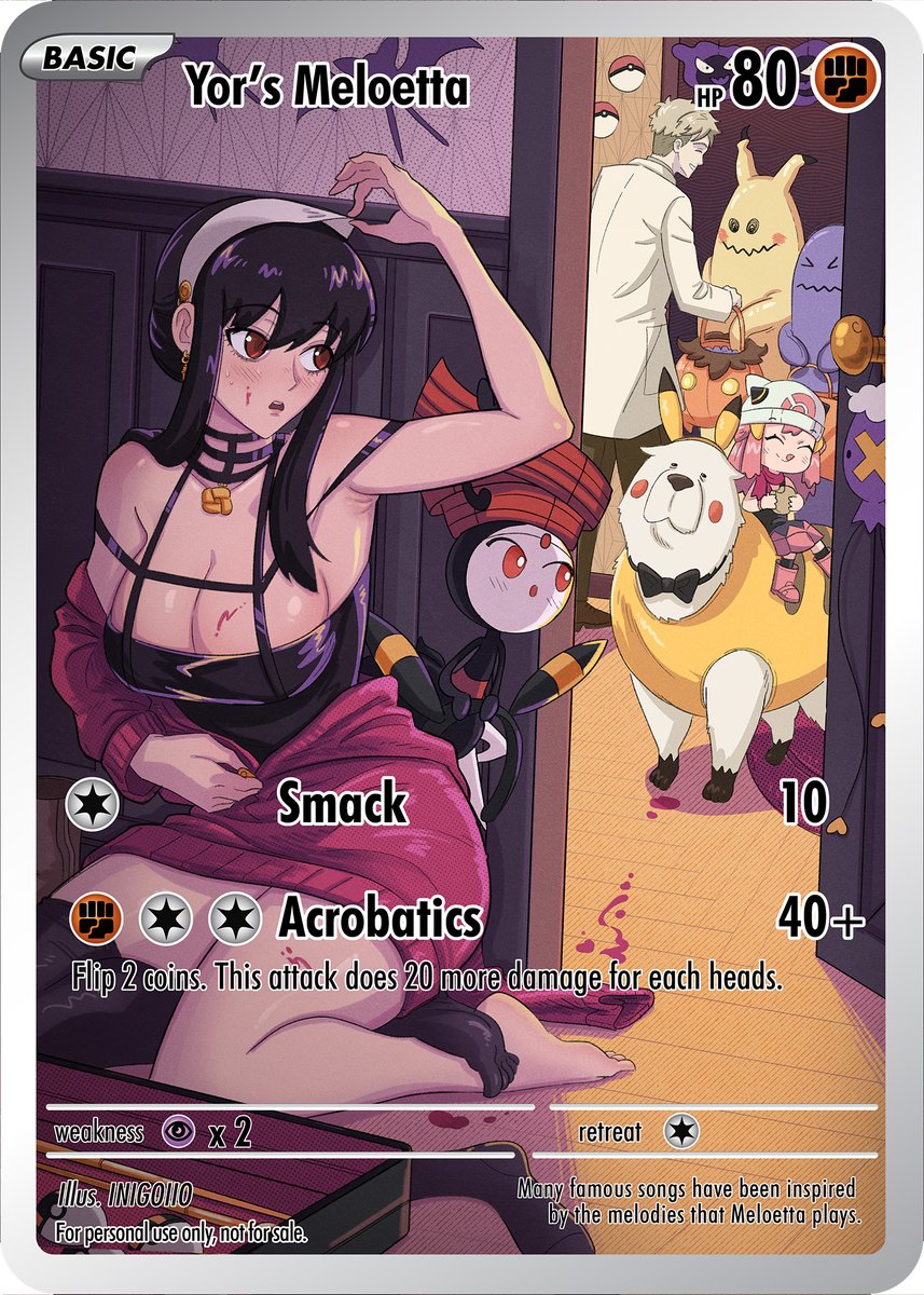 inigoiio's tweet photo. Happy late Halloween from the Forgers! 
"Yor's Meloetta" Pokemon TCG fan card collab with Spy x Family 
Aside from chainsaw man cards what other animes should I draw next? https://t.co/AwldvQbsbr