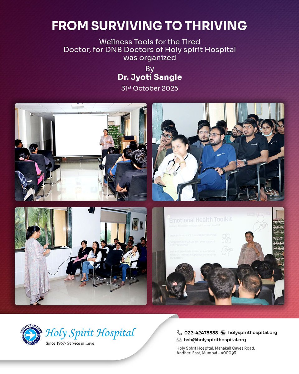 From Surviving to Thriving! 🧠💙Dr. Jyoti Sangle led a wellness session — “Wellness Tools for the Tired Doctor” — empowering our DNB Doctors to care for their mental and emotional well-being.

#DoctorWellness #MentalHealth #HolySpiritHospital #ServiceInLove