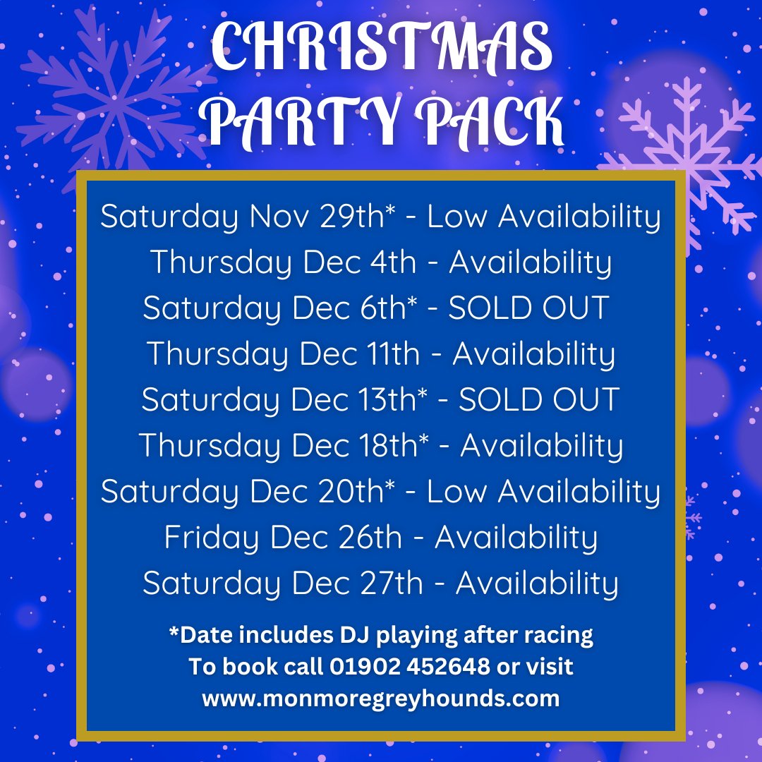 It's time to get booked in for your Restaurant or Party Pack visit here at Monmore over the festive period 🎄

Here's a full breakdown of dates and availability over Christmas - we'd love to see you here with us for some thrilling racing action 😊
monmoregreyhounds.com