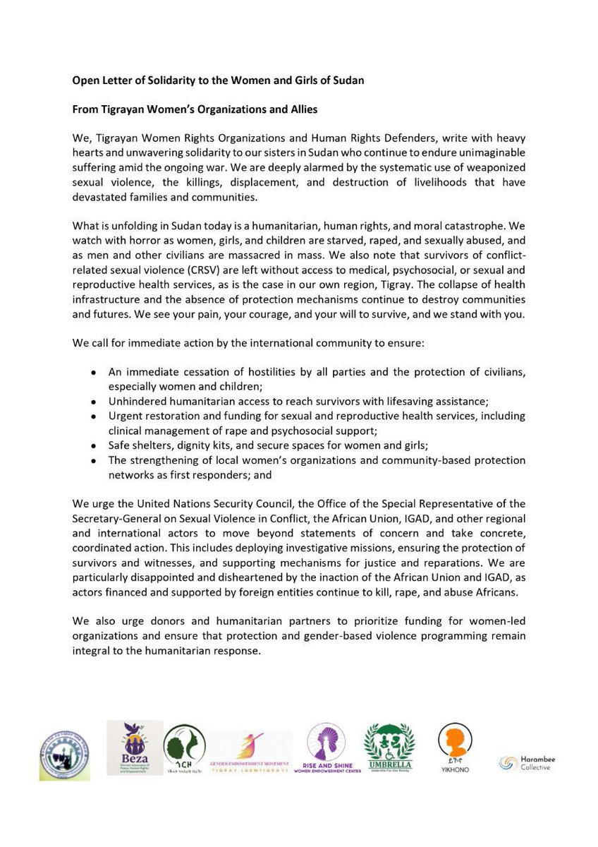 GorzoMovement's tweet photo. To the Women and Girls of Sudan : You Are Not Alone

We, Tigrayan women and allies, stand in solidarity with our sisters in Sudan who continue to endure war, displacement, and sexual violence. We see your pain, we hear your voices, and we stand with you. 1/2 https://t.co/5XZONX3A7c