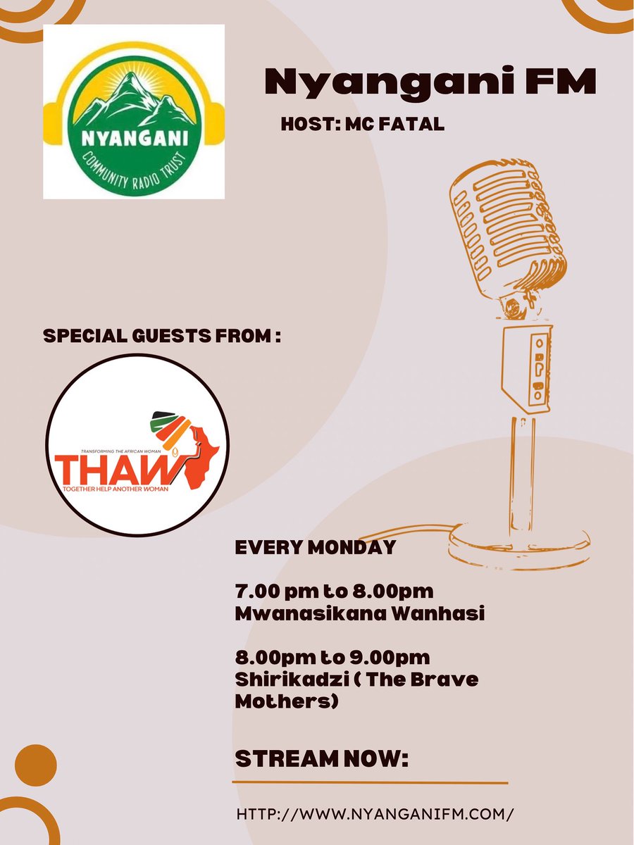 THAWnetwork's tweet photo. ✨ It’s more than a radio show — it’s a movement! ✨

Join Together Help Another Woman (THAW) every Monday on Nyangani FM 🎙️ https://t.co/HIpGTJXGQP

7–8 p.m. Mwanasikana Wanhasi — empowering the modern woman
 
8–9 p.m. Shirikadzi — honouring the brave mothers https://t.co/Q648vJKgPN