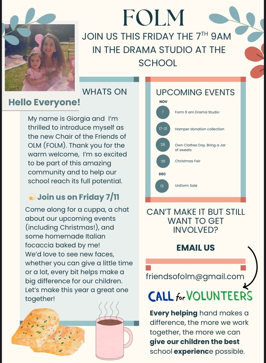 Massive Thank You To Giorgia (Our FOLM New Chair)
Parents &amp; Carers - Come Along 9am on Friday 7th November for a ☕️, meet everyone and discuss upcoming events at OLM (Christmas too 🎄)

#olm #ourladyofmuswellprimary #ourladyofmuswell #fyp #meet #christmas #upcomingevents