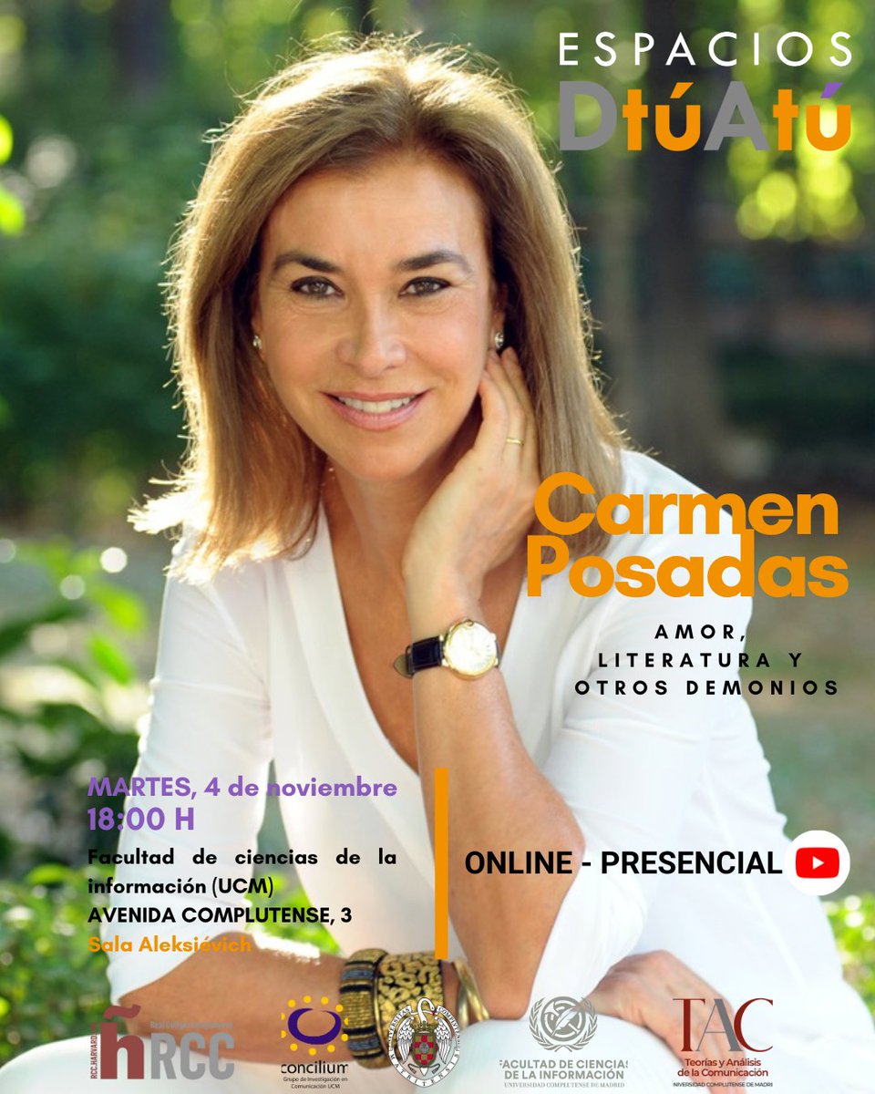 Mañana es la charla ✨

 📢Carmen Posadas — Amor, literatura y otros demonios

🕕 18:00 h (Madrid) · Online + presencial
👉 Streaming: youtube.com/live/Dk3r70YxE…

#CarmenPosadas #EspaciosDtuAtu #Literatura #Encuentro