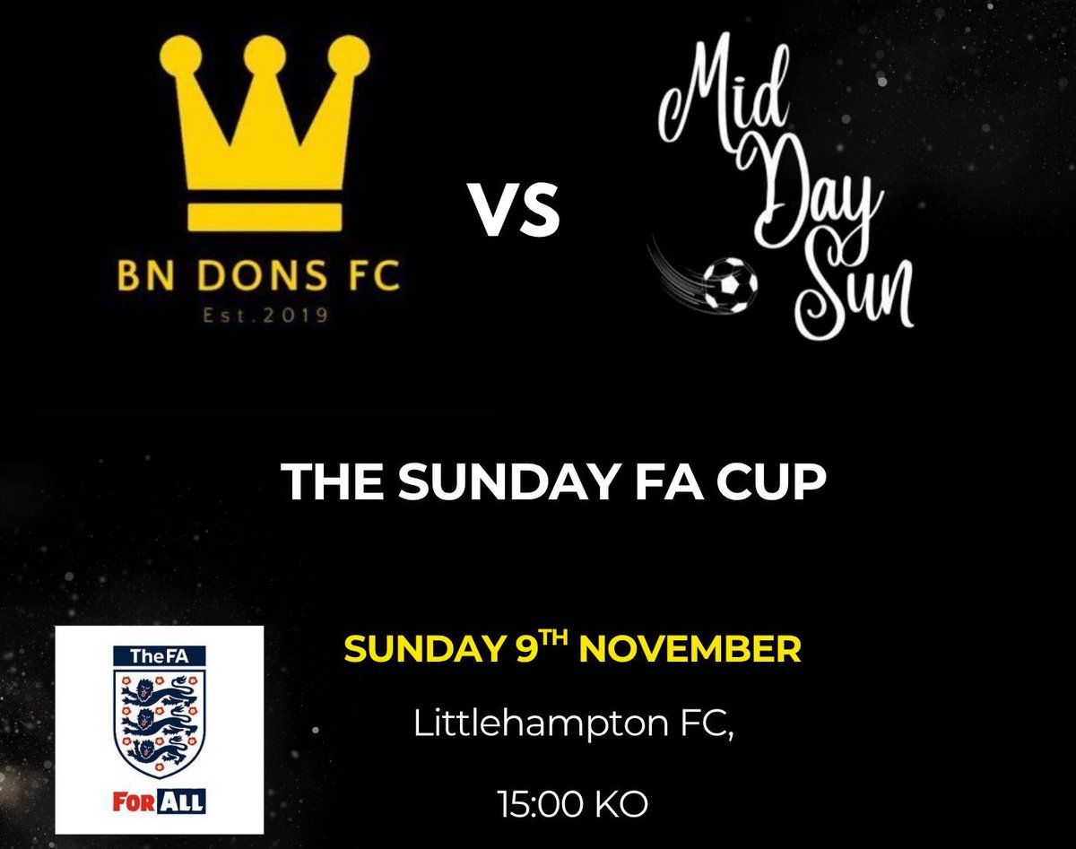 Bn_Dons's tweet image. This Sunday is HUGE‼️
We host @MidDaySunFc in the last 64 of the National FA Cup😤
Them playing out of the Leatherhead Premier division, we know we’re in for a tough game🤝
Littlehampton fc, 3pm ko, pls get down and support The Dons as we fly the flag for @sussexsundayfl🫡
#UTD👑