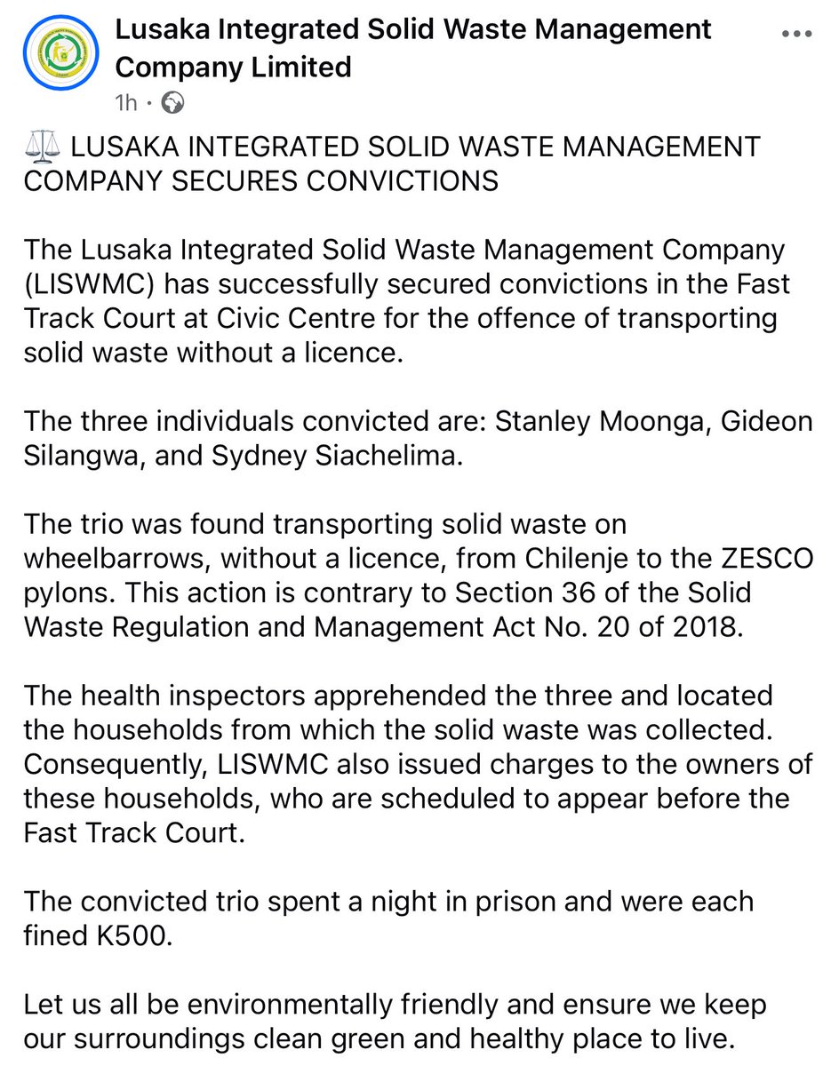 <a href="/simonnkhoma29/">Sai💀</a> Laws exist, though enforcement has been weak, but the Lusaka Integrated Solid Waste Management Company is doubling up efforts. Collective responsibility required.