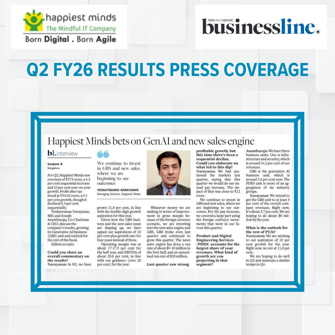 HappiestMinds's tweet image. Co-chairman &amp;amp; CEO Joseph Anantharaju and Managing Director Venkatraman Narayanan discuss Happiest Minds&apos; Q2 FY26 results with The Hindu Businessline.

Check out the excerpts of that conversation here.

#HappiestMinds #TheHinduBusinessline