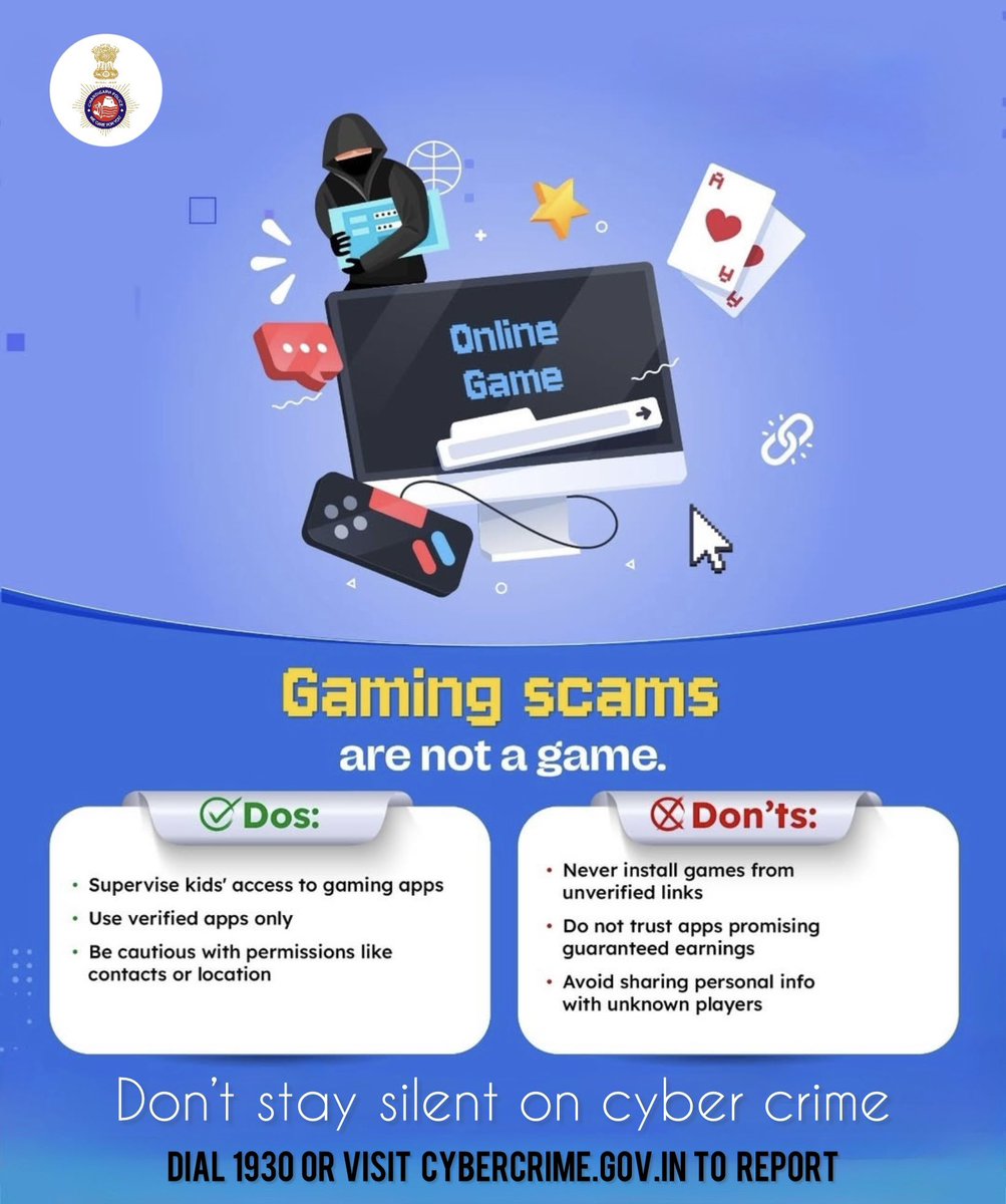 ChdCyberCell's tweet image. Be aware of gaming apps — protect your children from online traps
Keep an eye, stay cyber safe 👀

Cyber Crime Helpline: 1930

#CyberSafety #OnlineSafety
#CyberAwareness #StayCyberSafe
#ProtectYourChildOnline
@DgpChdPolice