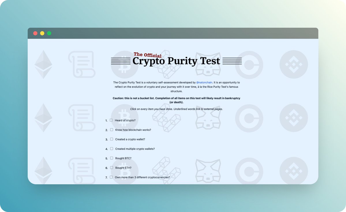 natonchain's tweet image. introducing the crypto purity test

it&apos;s like the rice purity test, but for crypto

how deep down the rabbit hole are you?

take it, share with friends, and see who can get the craziest score: cryptopuritytest.org

(drop your score below if you&apos;re brave enough)