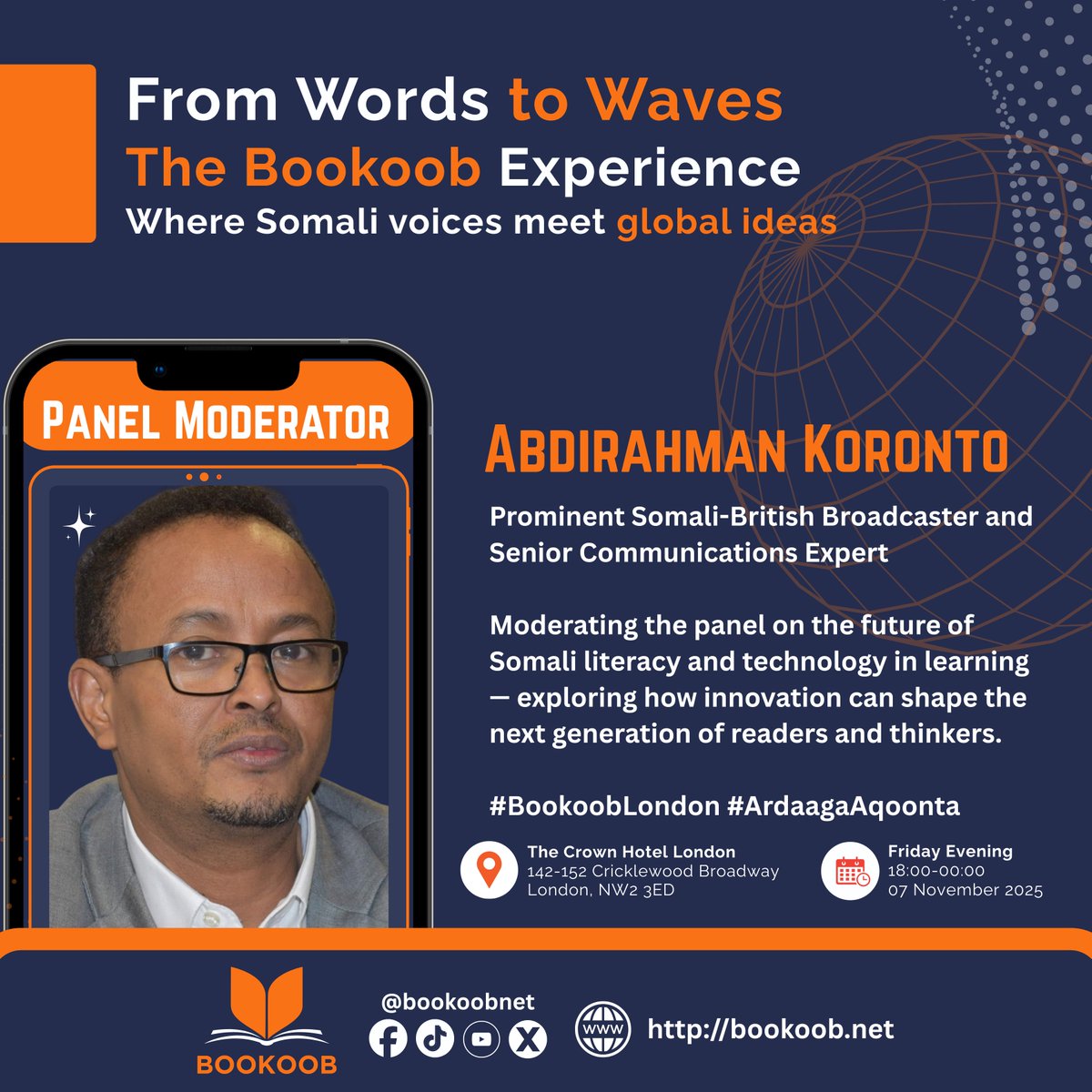 Honoured to have Abdirahman Koronto <a href="/AKoronto/">Abdirahman Koronto</a>, a prominent Somali-British broadcaster and senior communications expert, moderating the panel discussion at the Bookoob London Launch.

He will lead an engaging conversation on the future of Somali literacy and technology in