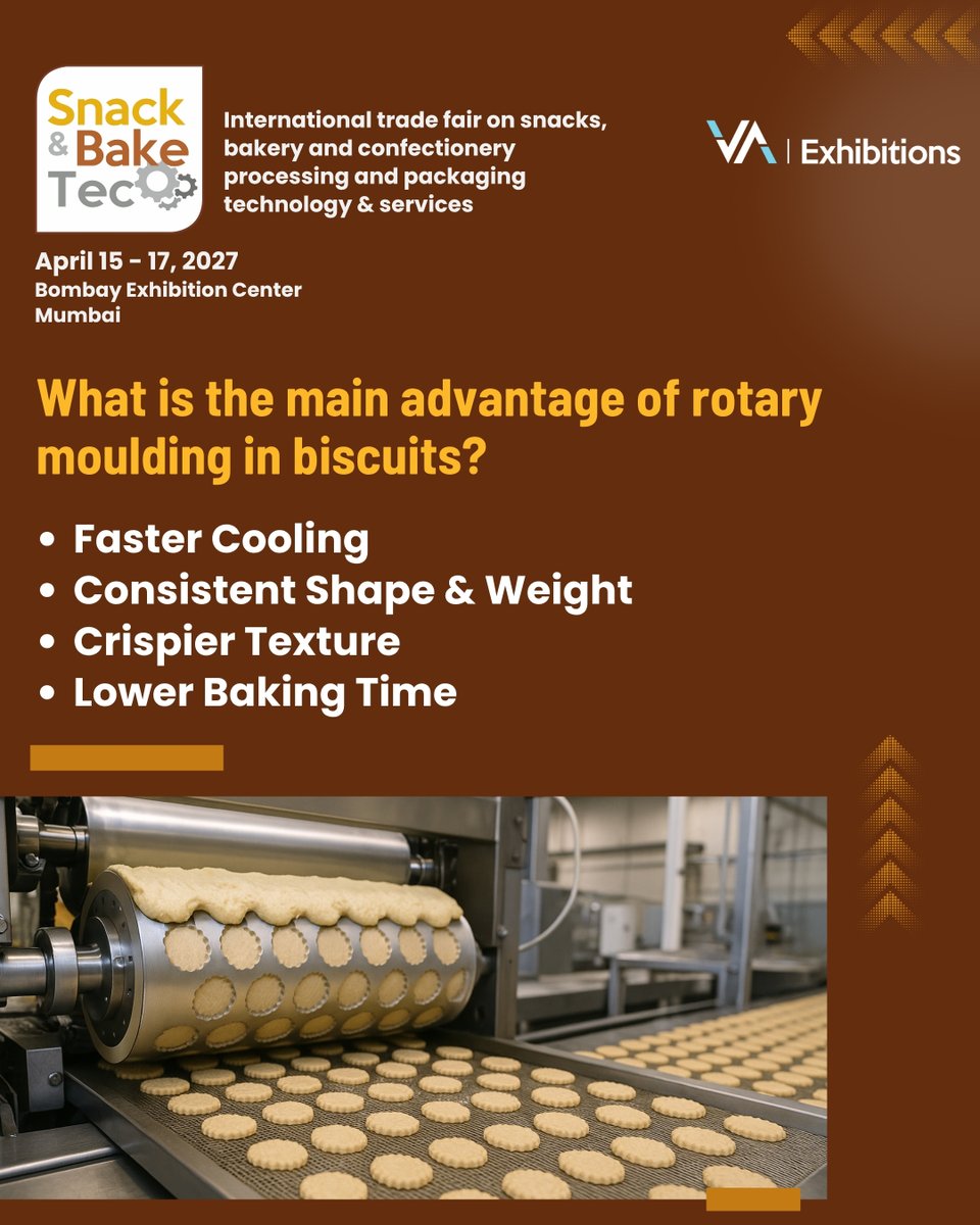 SnackandBakeTec's tweet image. Bakery Tech Quiz: What’s the key benefit of rotary moulding in biscuit production?
Share your answers in the Comment section.
#ExhibitWithUs
Exhibitor Inquiry - snackbaketec.com/exhibitor-enqu…
📩 mp@vaexhibitions.com | 📞 +91 99850 99009
#SnackAndBakeTec #BakeryTechnology