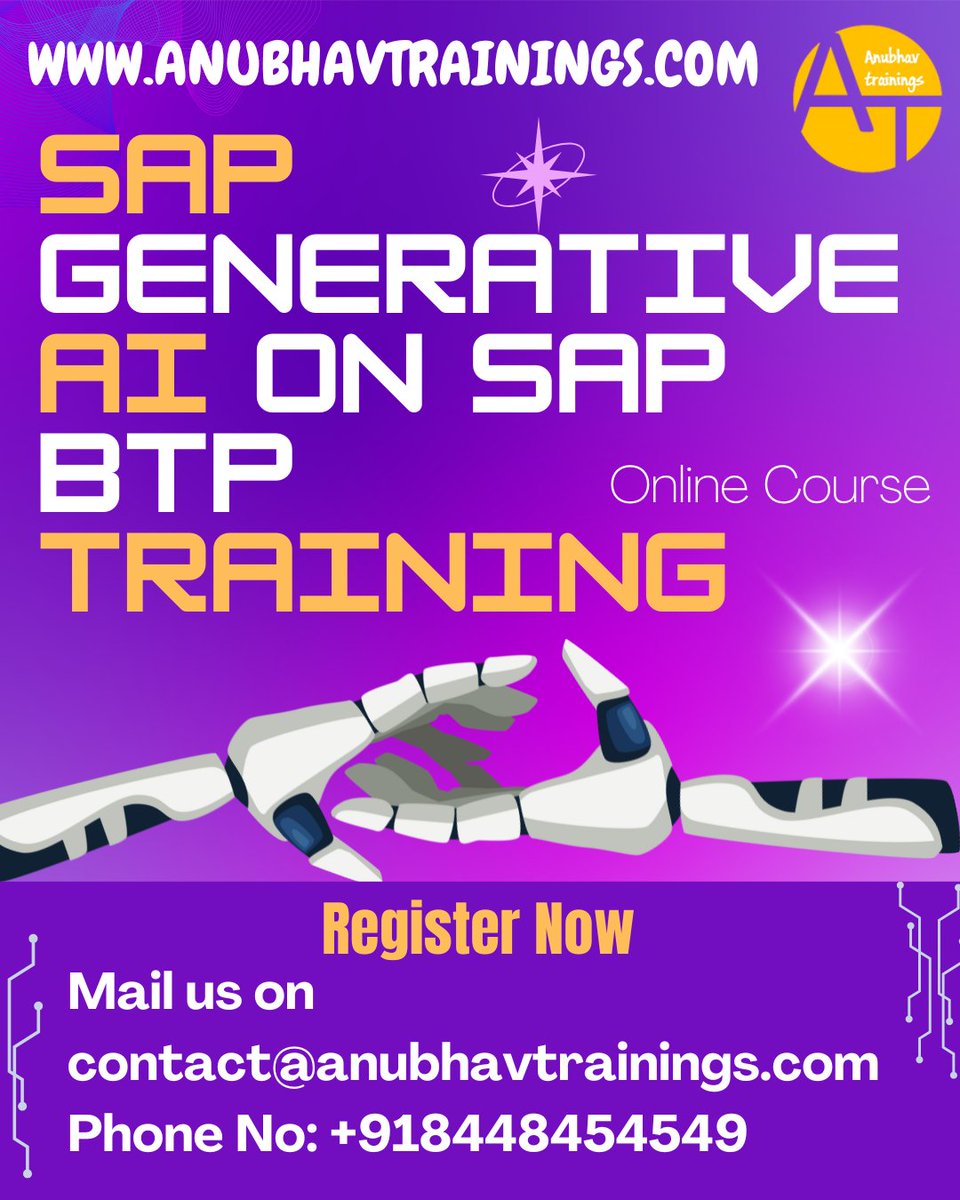 Awasthi1Vedika's tweet image. 🚀 SAP Generative AI Training on BTP with Anubhav Trainings
🔗 Enroll Now
Don’t miss your chance to stay ahead in the AI-driven SAP ecosystem.
#sapbtpgenai, #sapai, #sapgenerativeai, 
Mail us at contact@anubhavtrainings.com
Website: anubhavtrainings.com
Phone No: +918448454549