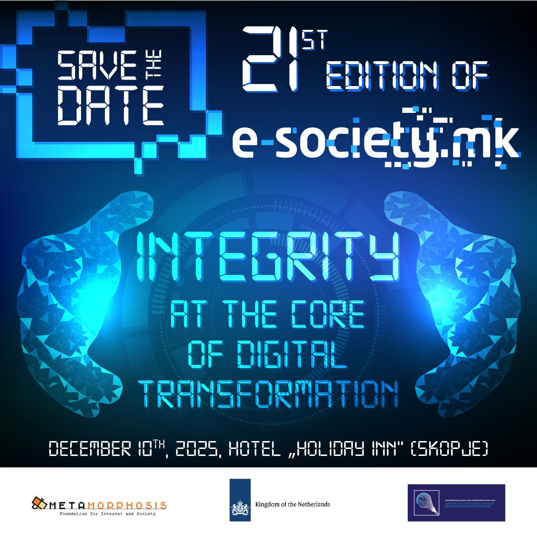 📣 21st INTERNATIONAL CONFERENCE E-SOCIETY.MK IN SKOPJE
📅 December 10th, 2025
📍 Hotel Holiday Inn (Millenium 1)
🚪 Free Entrance
🗣️ Simultaneous translation in Macedonian, Albanian &amp; English