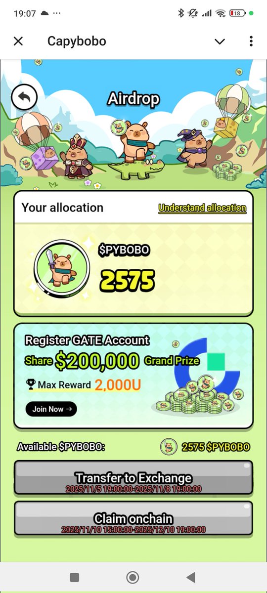 Capybobo謎に迅速にエアドロ、アロケーション確定。2575でしたけど、これどれくらいになるのか

#pybobo #capybobo #capy