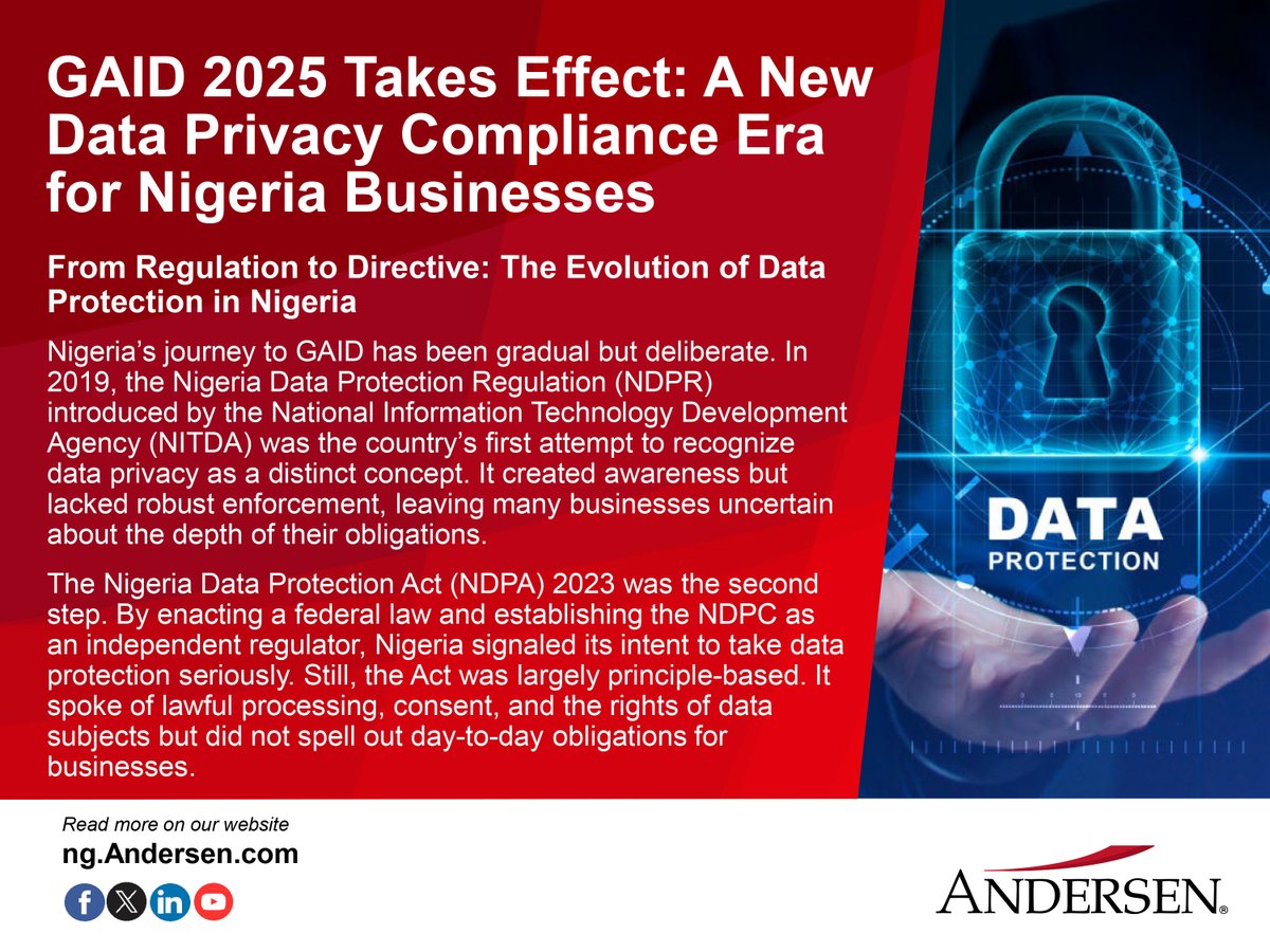 AndersenNigeria's tweet image. 🚨Nigeria’s data protection landscape just changed for real. GAID isn’t just a guideline, it’s the law.

👉 Learn what it means for your business: ng.andersen.com/gaid-2025-take…

#GAID #Privacy #Data #Compliance #Andersen #AndersenNigeria