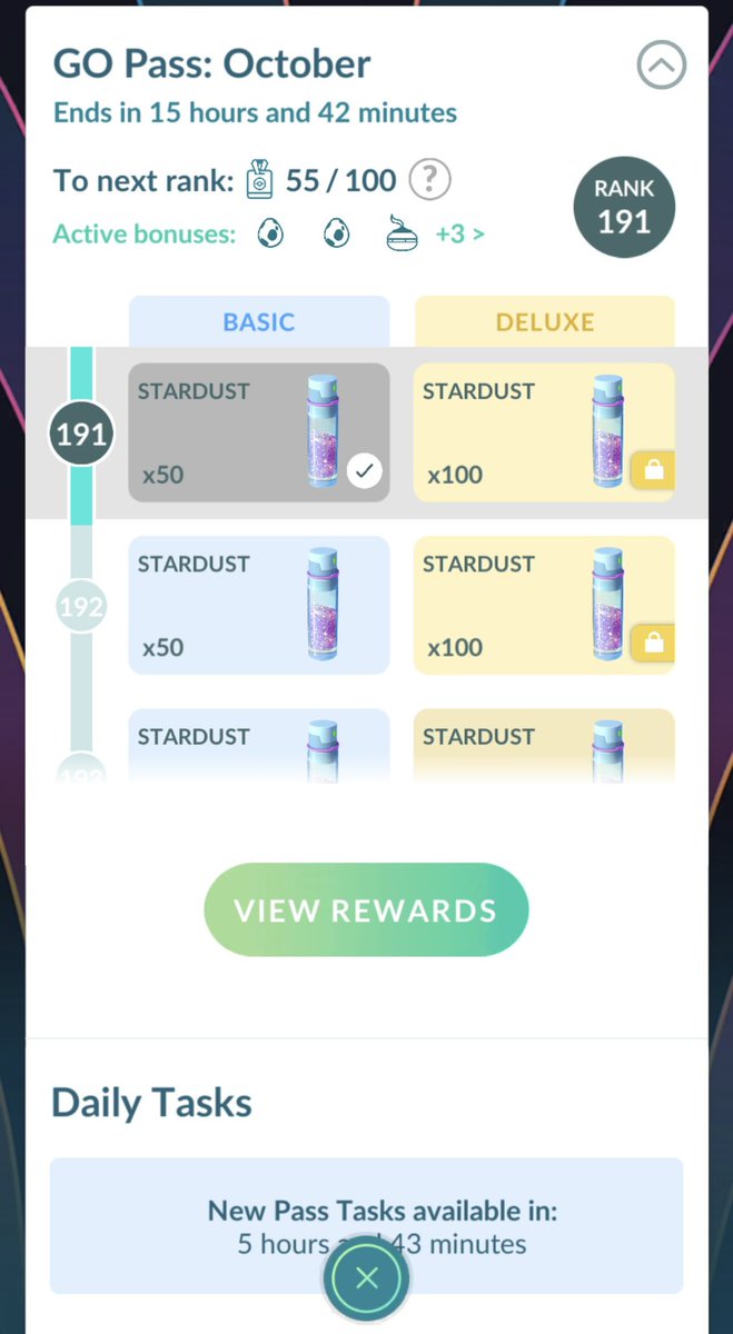 hoserene's tweet photo. @NianticHelp @PokemonGoApp  Why am I not receiving the points for my October Go Pass? I have been raiding, catching Pokemon and hatching aids but I am still stuck at Rank 191 https://t.co/J9x1U59VUB