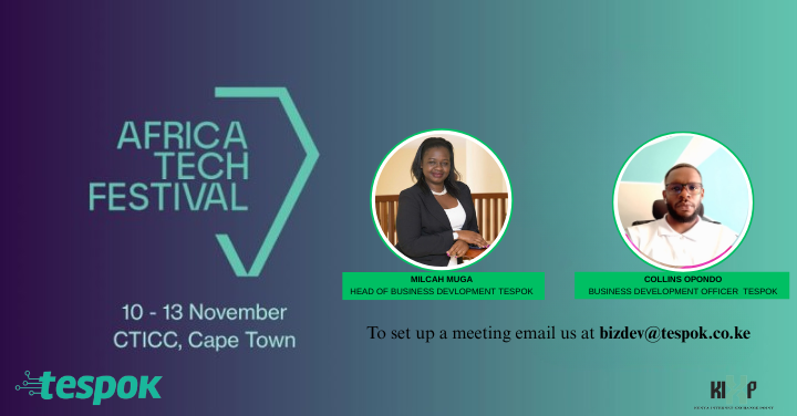 TESPOK will be in attendance at <a href="/africatechfest/">Africa Tech Festival</a> 
Our Business Development Team Milcah Muga and @Collins Opondo will be on-site for partnership discussions, collaboration opportunities, and networking throughout the event.

To book a meeting, please contact:

 bizdev@tespok.co.ke