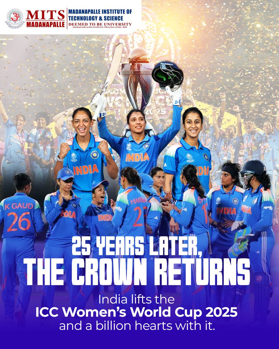 History wasn’t made today — it was owned.
Team India lifts the ICC Women’s World Cup 2025, turning grit into glory and dreams into destiny.
Here’s to the women who didn’t just play the game — they changed it. 🏆

#India #cwc25 #WorldCup #Cricket #IndiaWomen #WorldCupWinners #MITS