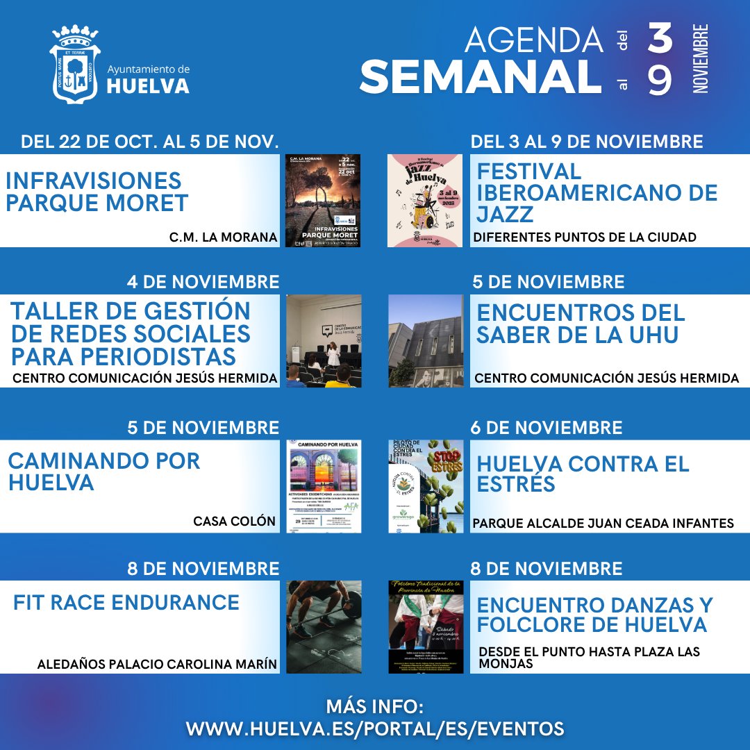 🗓️Os dejamos las propuestas de la agenda de esta semana en Huelva.  

➕Si necesitas más información, consulta la agenda de la web municipal 'Huelva te recomienda' ▶️ huelva.es/portal/es/even…